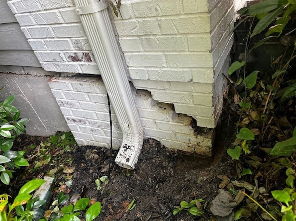Cracked foundation with visible drainage pipe and surrounding vegetation.